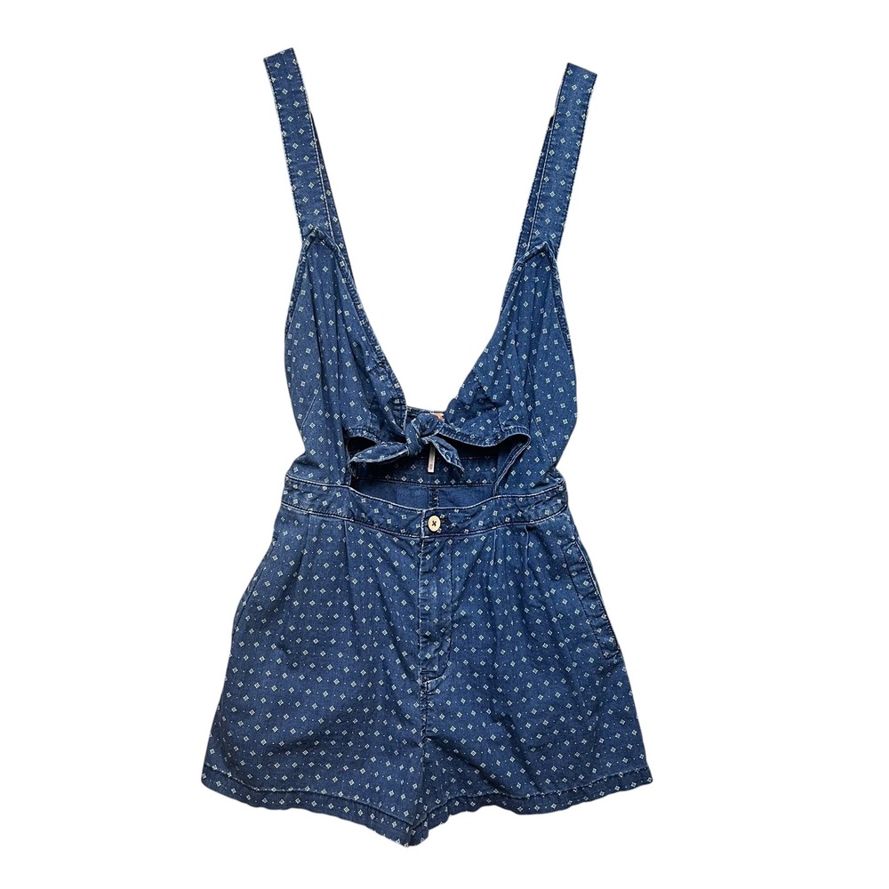 Free People Blue Diamond Print Tie Front Denim Romper Sleeveless Cutout XS
